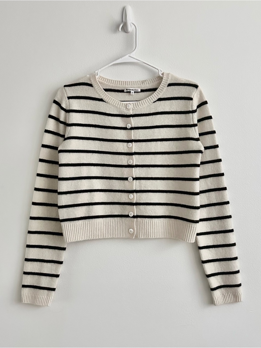 Reformation Clara Cream/Black Stripe Cropped Cashmere Crew Neck Cardigan Size XS